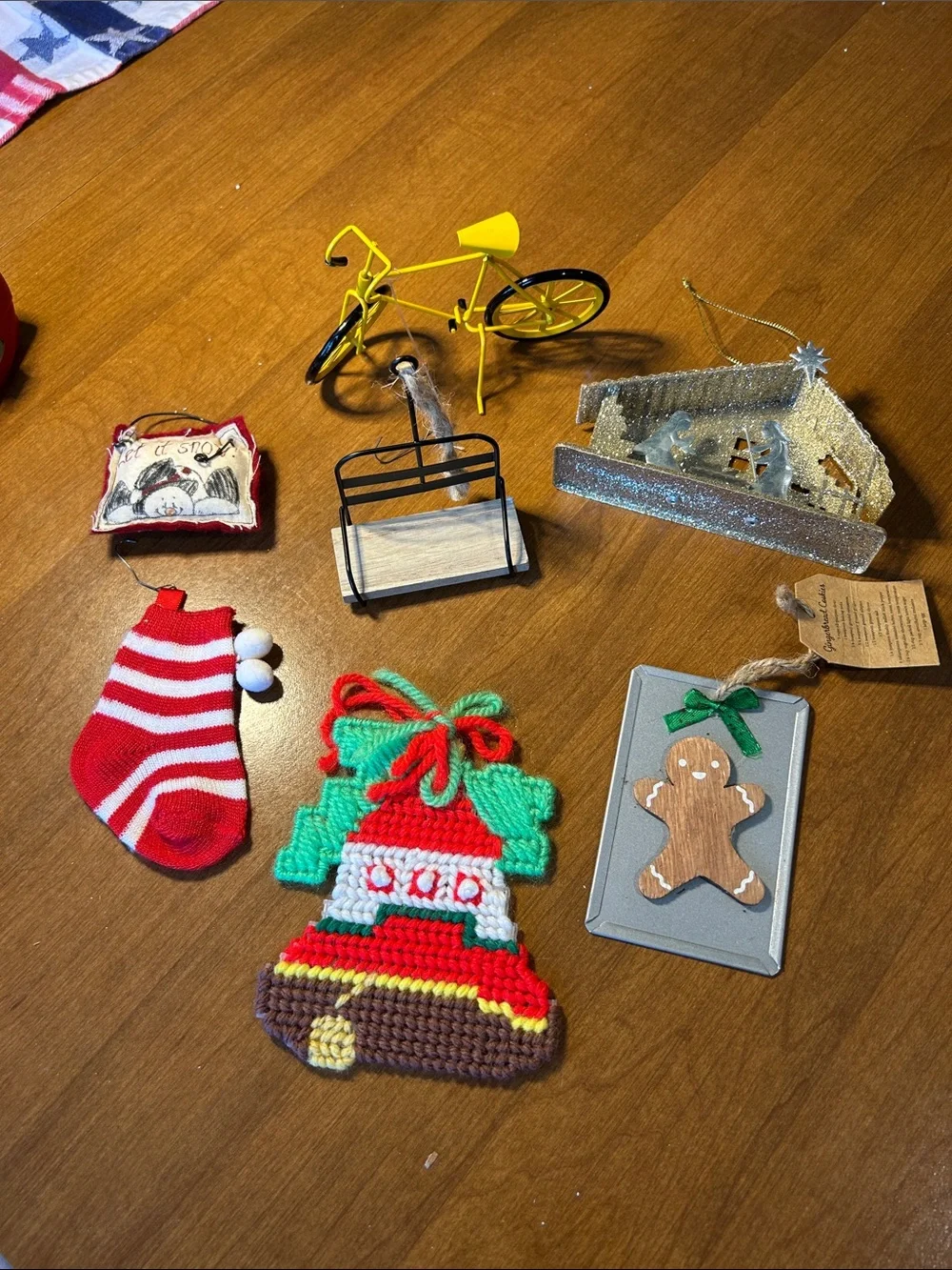 Seven Assorted Holiday Ornaments - Red, Green, Gold